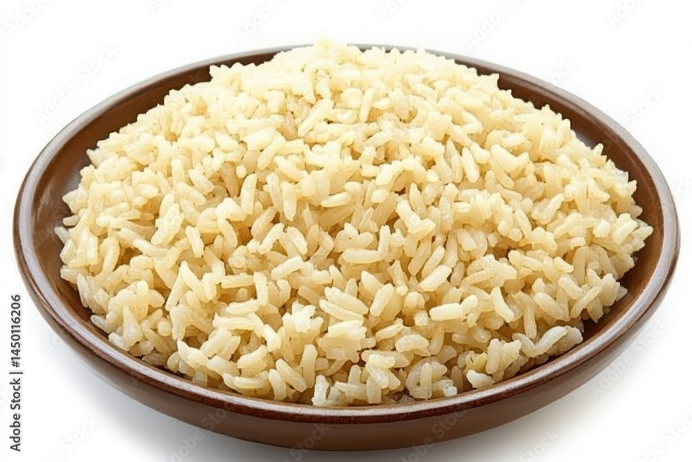 A close-up view of a bowl filled with fluffy, cooked rice on a white background A close-up view of a bowl filled with fluffy, cooked rice on a white background