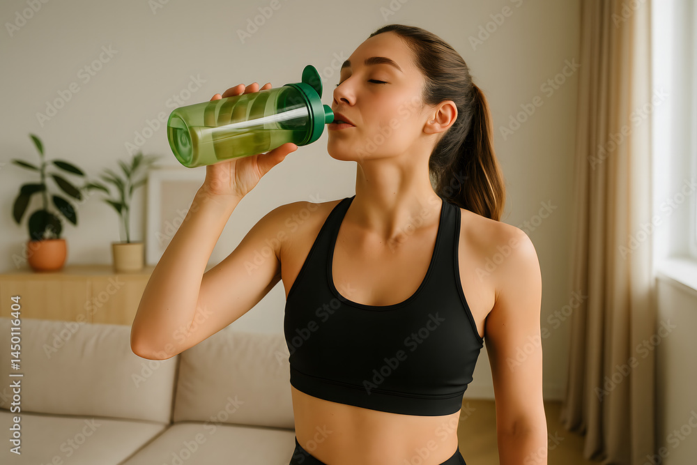 Fit Woman Drinking Water After Indoor Workout, Wearing Sportswear and Hydrating Post Exercise in Modern Home Environment Fit Woman Drinking Water After Indoor Workout, Wearing Sportswear and Hydrating Post Exercise in Modern Home Environment