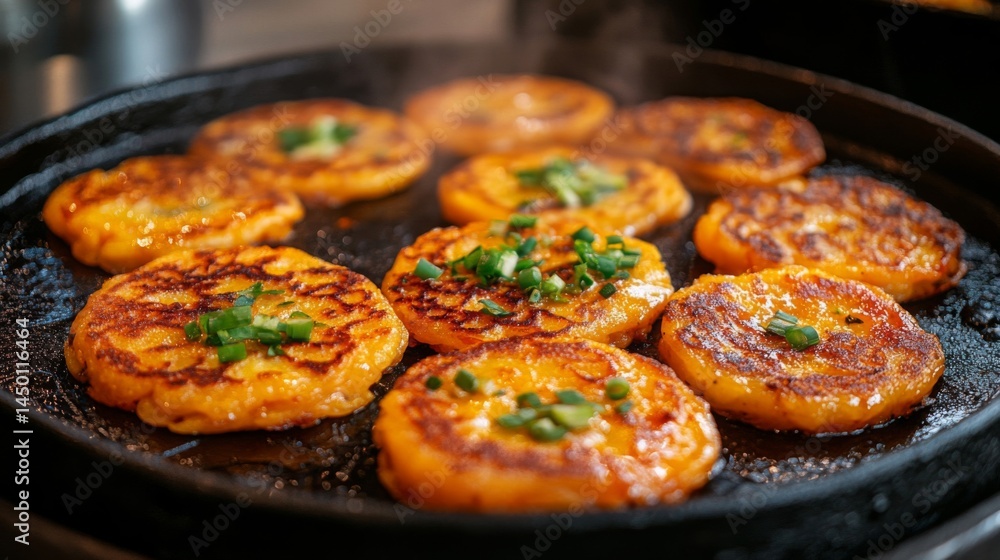 Golden Brown Pumpkin Pancakes Sizzling In A Pan Golden Brown Pumpkin Pancakes Sizzling In A Pan