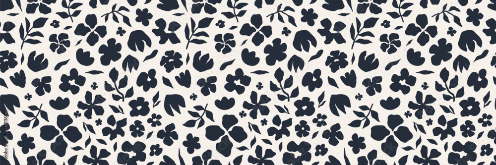 Seamless floral pattern with hand drawn black flowers and leaves on a white background. Modern botanical design, perfect for textiles, wallpaper, packaging, stationery, and trendy digital projects.