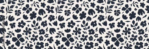 Seamless floral pattern with hand drawn black flowers and leaves on a white background. Modern botanical design, perfect for textiles, wallpaper, packaging, stationery, and trendy digital projects.