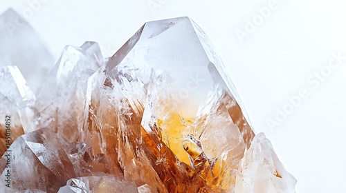 Macro image of a Lemurian crystal mineral stone with natural facets on a bright white backdrop