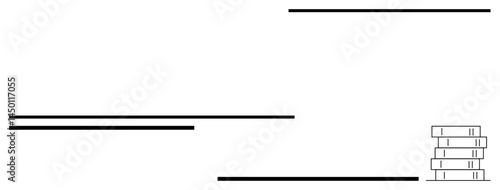 Stack of books arranged neatly alongside horizontal lines forming linear patterns. Ideal for education, library management, minimalist design, simplicity, organization, academic concept, flat simple