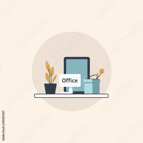 Office Desk Illustration with Plants and Monitor for Business Blogs, Workplace Websites, Home Office Design, and Creative Content Marketing