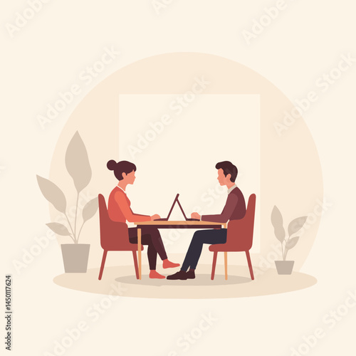 Man and woman working at a table on laptops, vector illustration for business use