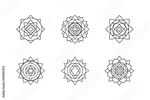 Set of Sacred Chakra Mandalas in Minimal Vector Line Art