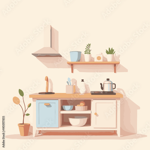Minimalist kitchen scene in pastel colors, for backgrounds with copy space