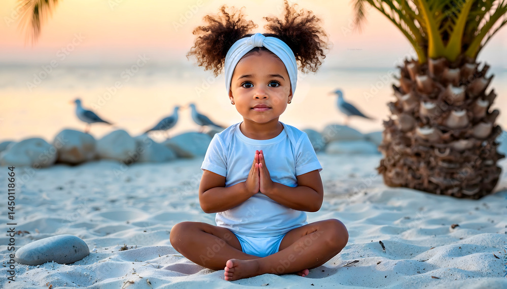 A child on the beach doing yoga, calm meditation in nature, serene mindfulness practice at tropical sunrise