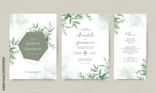 Elegant wedding invitation card set with geometric frame arranged with green leaves