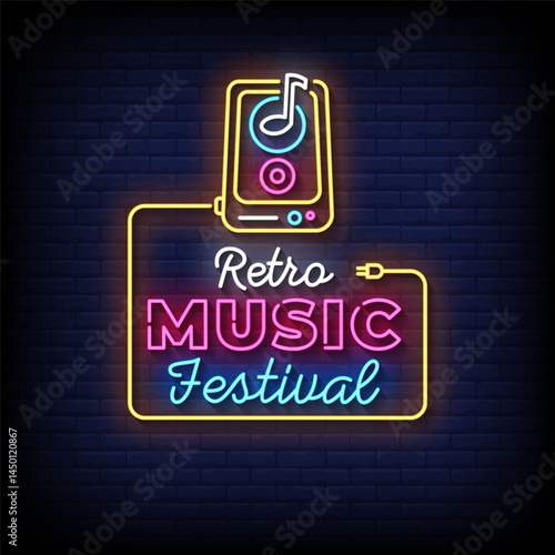 retro music festival neon sign with brick wall background vector