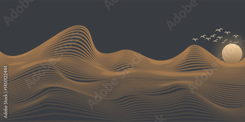 Vector abstract art landscape mountain with birds and sunrise with gold line art texture isolated on dark gray black background. eps10