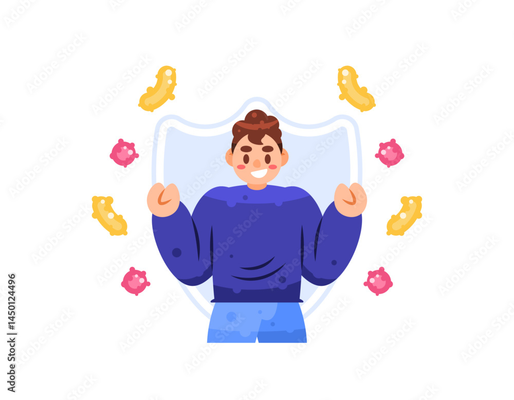 immune system concept. protection for the body from germs, viruses, or bacteria. illustration of a man who looks fresh and happy because he is healthy and protected from disease. flat style design immune system concept. protection for the body from germs, viruses, or bacteria. illustration of a man who looks fresh and happy because he is healthy and protected from disease. flat style design