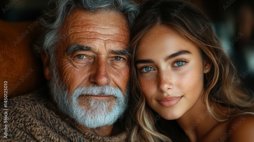 Older man and younger woman portrait showing affection and connection indoors. Older man and younger woman portrait showing affection and connection indoors.