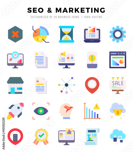 Set of SEO & MARKETING icons in Flat style. High quality Flat Icons symbol collection.