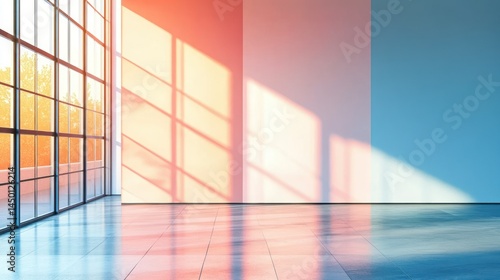 Empty modern room with large windows, colorful sunlit walls
