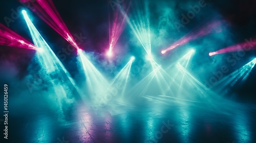 Colorful light beams illuminating a smoky stage area.