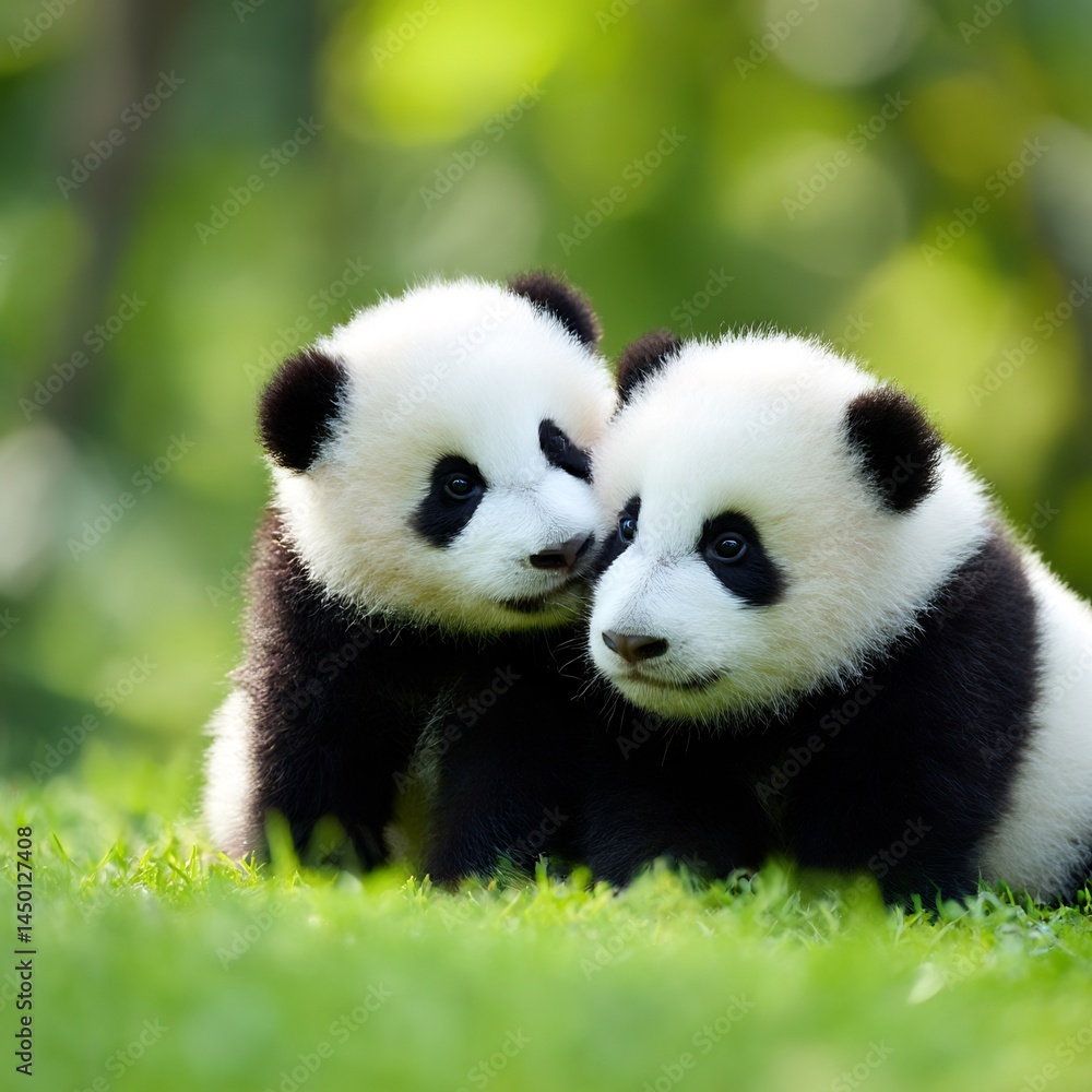 Fototapeta premium Playful panda cubs nestled together amidst lush green foliage in gentle sunlight