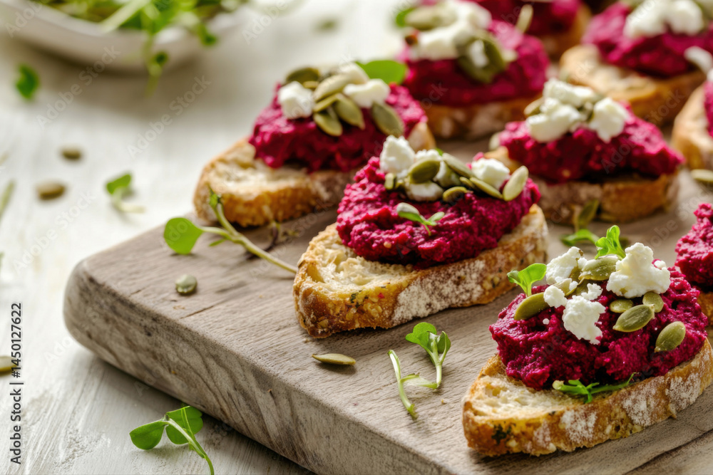 Appetizer mini bruschetta topped with feta, greens, beetroot hummus and seeds. Healthy plant-based appetizer. Appetizer mini bruschetta topped with feta, greens, beetroot hummus and seeds. Healthy plant-based appetizer.