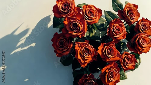 Delicate red roses arranged in a shape of a heart, set on a light background with a shadow. A romantic concept for Valentine's Day.	