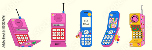 Set of various retro mobile phones covered in eye-catching stickers highlights unique designs and nostalgic charm, capturing the fun aesthetics prevalent in the 90s and early 2000s.