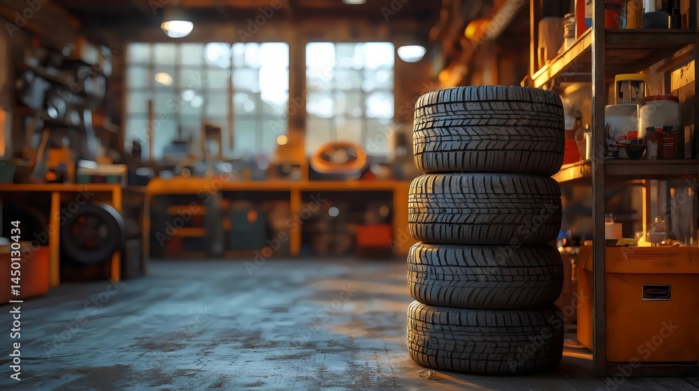 Pile of four tires in a garage, showing the workspace and tools in the background. Pile of four tires in a garage, showing the workspace and tools in the background.