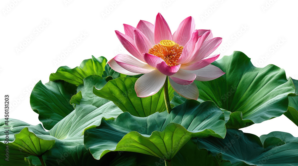 Obraz premium Lotus Blossom and Leaves: A vibrant lotus flower in full bloom, its delicate pink petals gracefully unfurling amidst a bed of lush green leaves, capturing the essence of serenity.