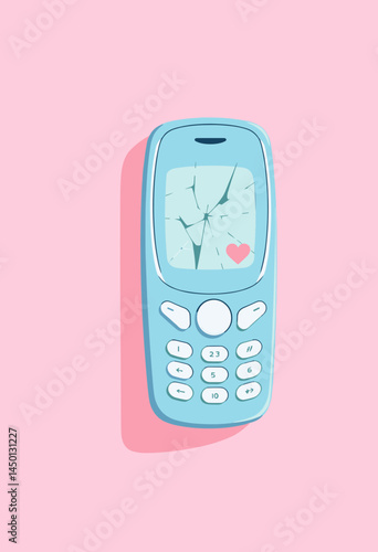 Love's Echo: A stylish light blue cellphone, its screen artfully cracked, subtly symbolizes the fragility of modern connection, a tender pink heart adding a touch of delicate affection.