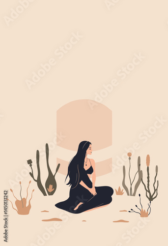Woman Contemplating in Nature: A solitary woman sits in a contemplative pose in a desert landscape, surrounded by cacti and other desert flora.