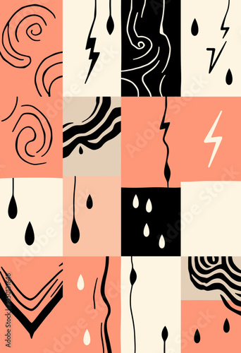 Abstract Aesthetic: An artful mosaic of hand-drawn shapes, lines, and patterns, rendered in a minimalist color palette, invites viewers to explore the interplay of form, texture, and composition.