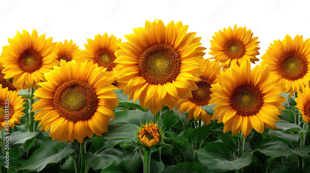 Fototapeta premium Sunflower Field in Bloom: Capturing the vibrant essence of a summer day with a lush field of radiant sunflowers. Their large, golden petals reach toward the sunlight, radiating warmth and joy.