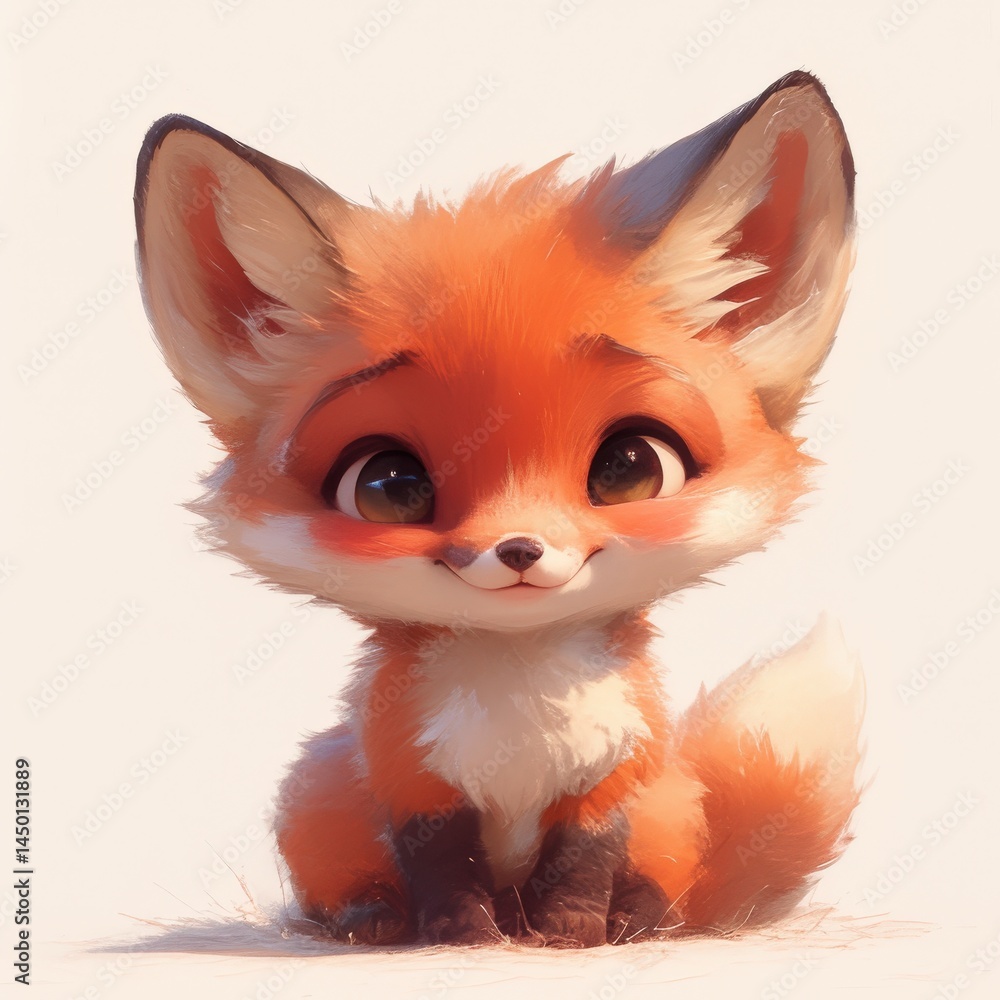 Obraz premium Adorable cartoon fox sits sweetly, rendered in a soft, painterly style