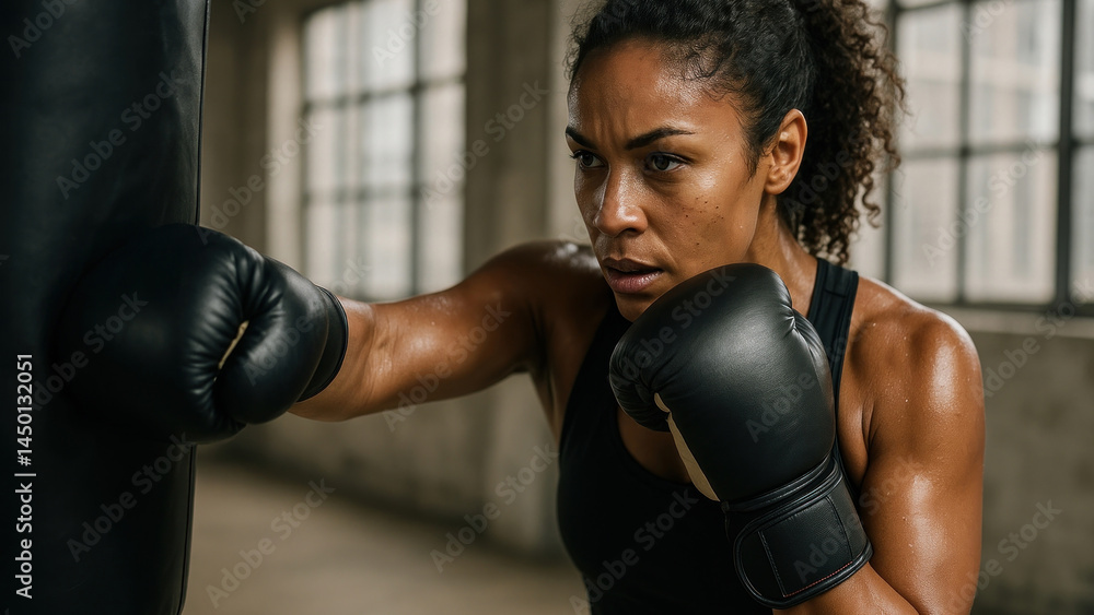 Focused female boxer training intensely Focused female boxer training intensely