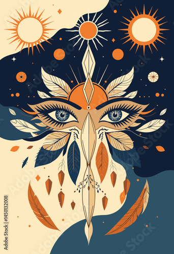 Mystic Eyes of the Sun: A captivating illustration featuring stylized eyes adorned with feathers, surrounded by celestial suns and moons.  The artwork blends mystical and spiritual elements.