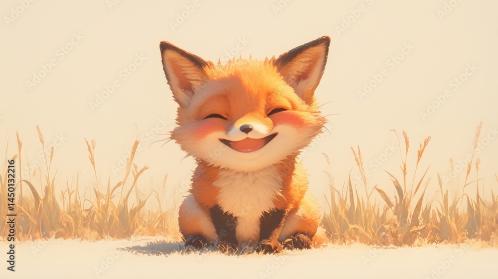 Obraz premium Adorable cartoon fox smiles broadly in a field, bathed in soft, warm light