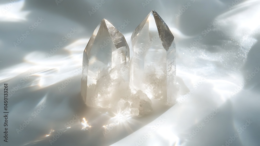 Obraz premium A macro view of Lemurian crystal mineral stone reflecting light on a bright white backdrop