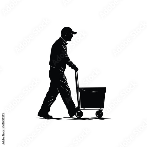 Silhouette of Worker Pulling Hand Truck