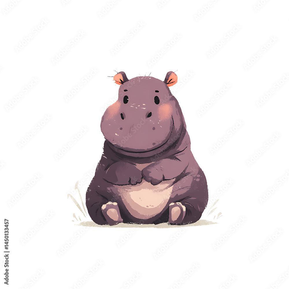 Fototapeta premium A cartoon hippo with a friendly smile sits patiently, its cute ears and pink cheeks adding to its charm against a plain white background.