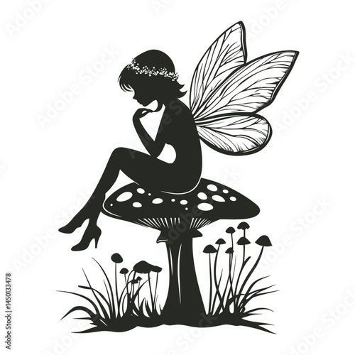 Fairy Silhouette Sitting on Mushroom with Leaves