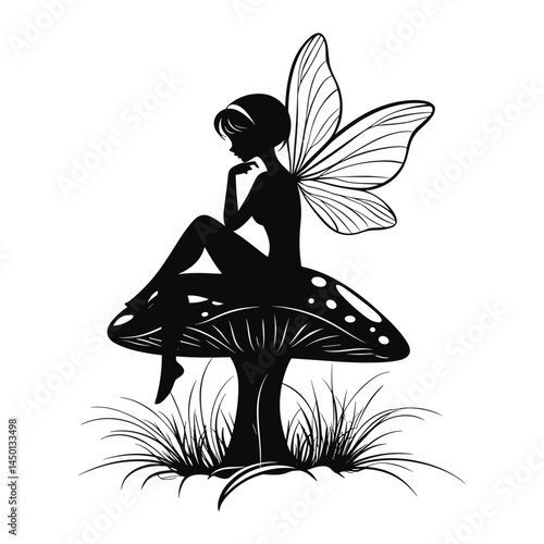 Silhouette of Peaceful Fairy Sitting on Mushroom