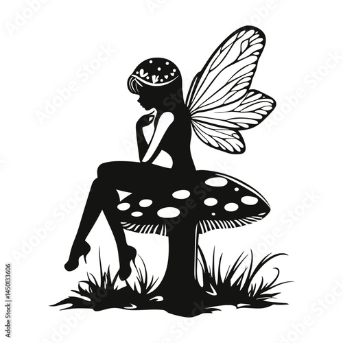 Fairy Silhouette with Mushrooms and Leaves