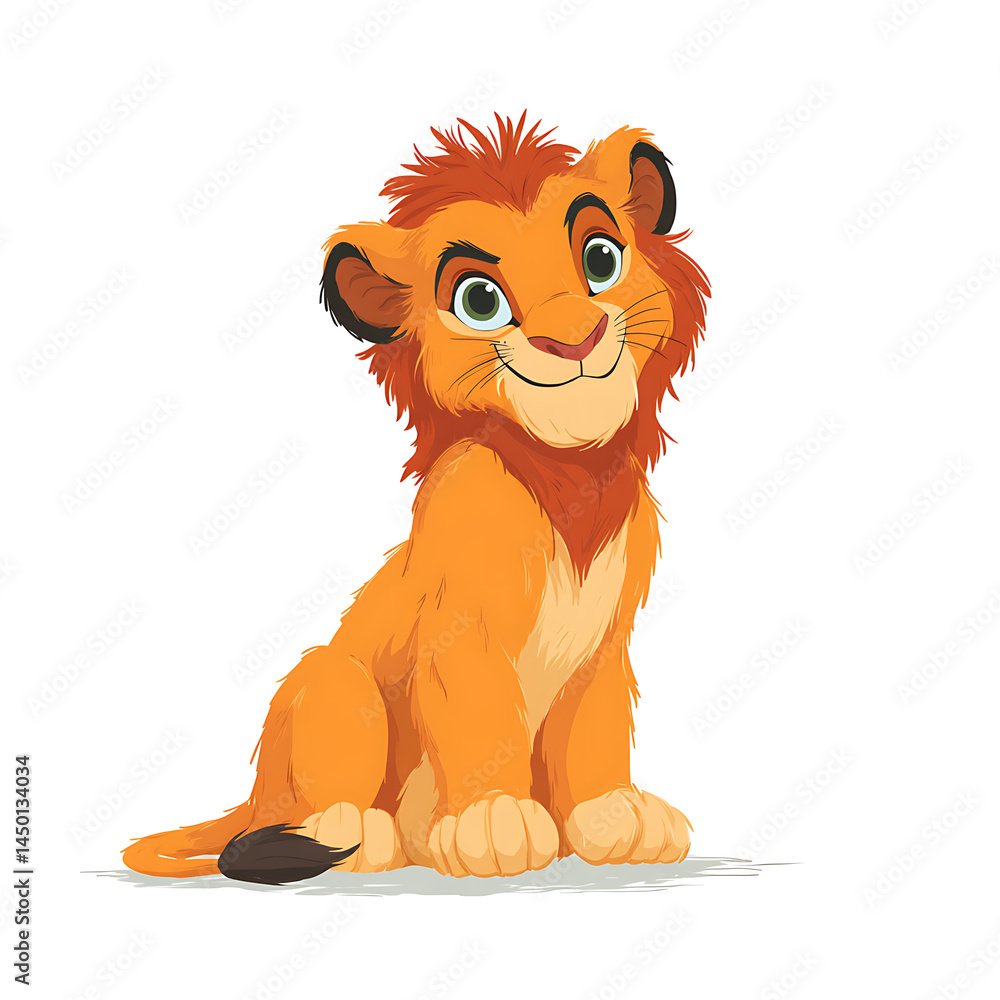 Obraz premium A cute cartoon lion cub with a sweet smile is sitting down, looking ahead, ready for playtime in the sunny savanna!