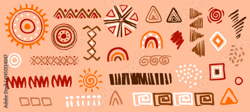 African ethnic tribal symbols set. Boho abstract shapes collection