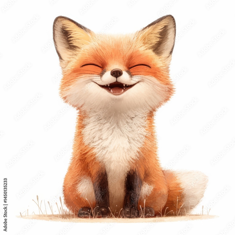 Fototapeta premium Adorable cartoon fox with closed eyes sitting and smiling warmly, furry art