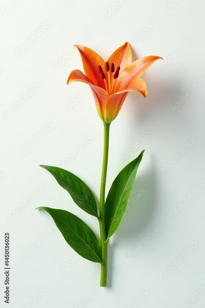 Fototapeta premium Single lily stem with vibrant leaves against pure white backdrop , elegant, stem