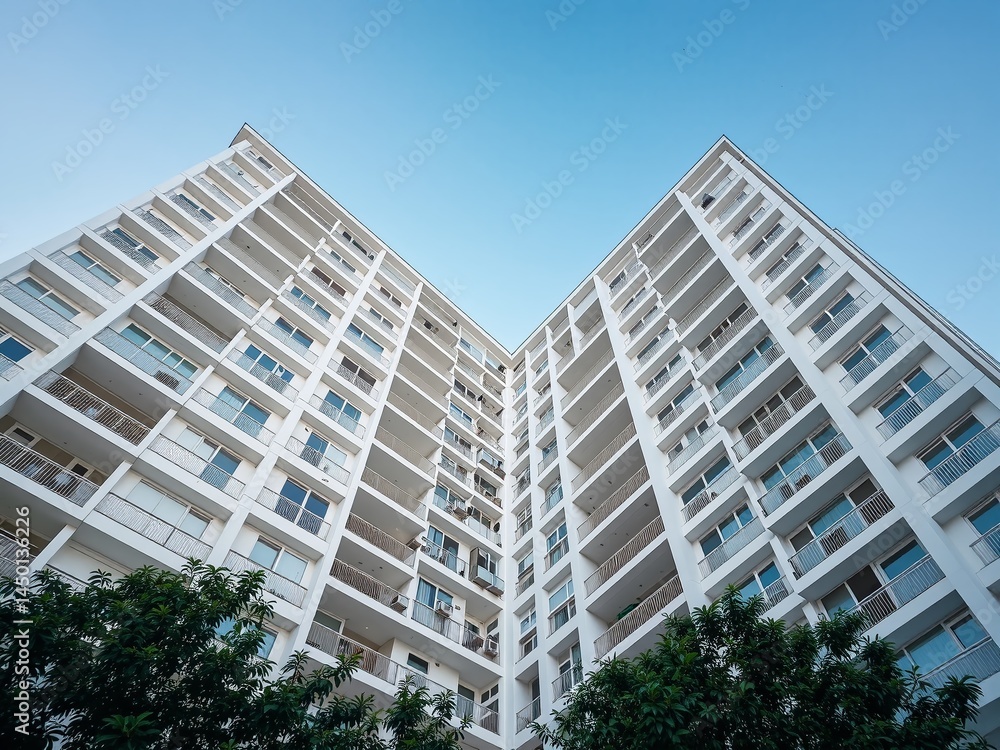 Modern Architectural Marvel: A striking low-angle perspective of a modern white apartment building, its sleek lines and clean design reaching towards a clear blue sky. Modern Architectural Marvel: A striking low-angle perspective of a modern white apartment building, its sleek lines and clean design reaching towards a clear blue sky.