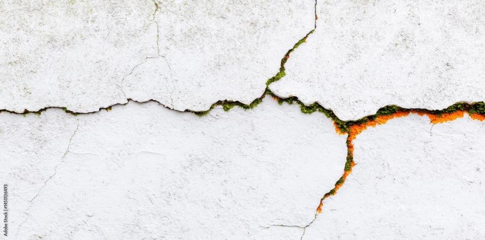 Weathered White Wall with Cracks and Moss Weathered White Wall with Cracks and Moss