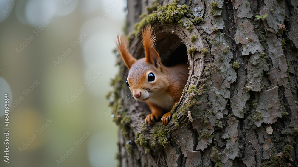 Obraz premium Eurasian red squirrel (Sciurus vulgaris) cautiously peeks out of the hole in a tree in the forest of Drunen, Noord Brabant.