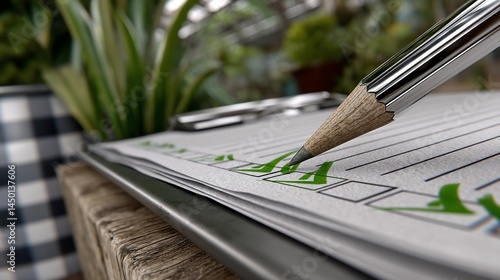 Checklist marked with pencil and clipboard in a garden setting