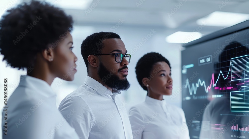 Obraz premium Three professionals analyzing data on a digital screen in a modern workspace. Inclusive business community impact.