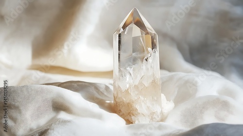Crystal-clear Lemurian crystal mineral stone on a white backdrop creating a sense of tranquility